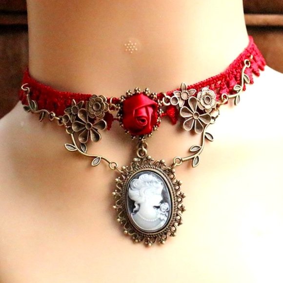 Red Lace & Rose with Cameo Gothic Lolita Choker - Picture 3 of 6